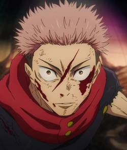 A close-up shot of a pink-haired anime man in a red and dark blue outfit with bruised and bloody slashes across his face in Jujutsu Kaisen season 2.