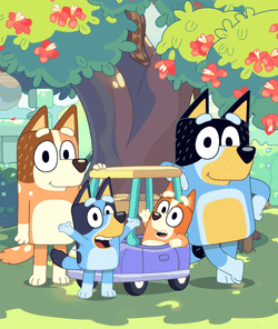The Heeler family, a family of anthropomorphic dogs, standing in their backyard.