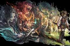 Octopath Traveler 0 art showing a young man walking away from a burning town surrounding by images of three villains